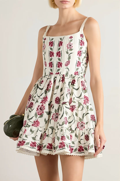 Damen Mini Kleid mit Spitze und Blumenmuster in A-Linie, Vorderansicht