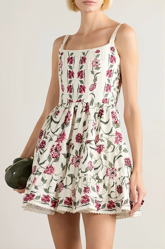 Damen Mini Kleid mit Spitze und Blumenmuster in A-Linie, Vorderansicht