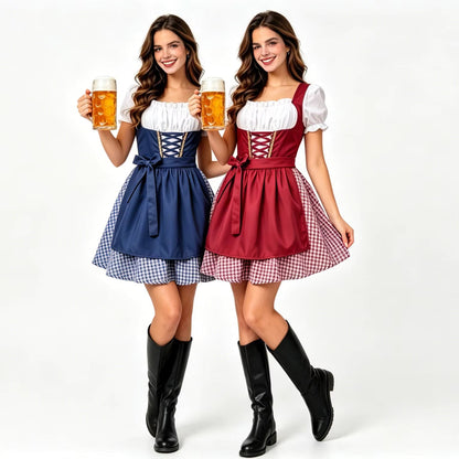 Vorderansicht des Damen-Dirndls in Rot-Blau mit dekorativem Schnürmieder