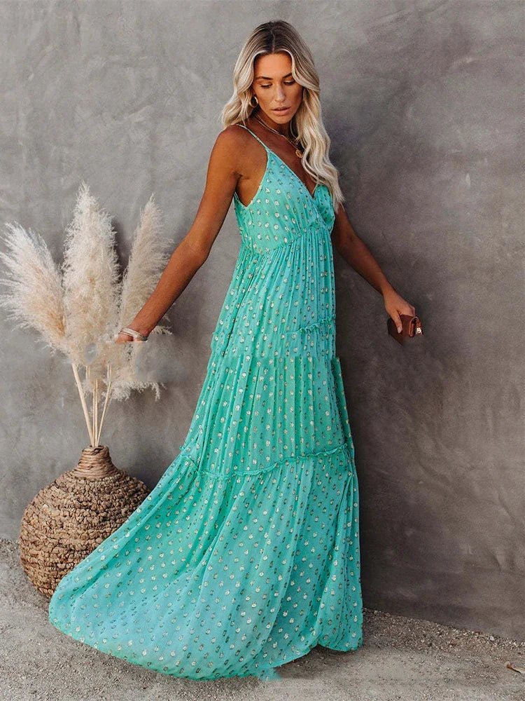 Boho Chic grünes langes Sommerkleid