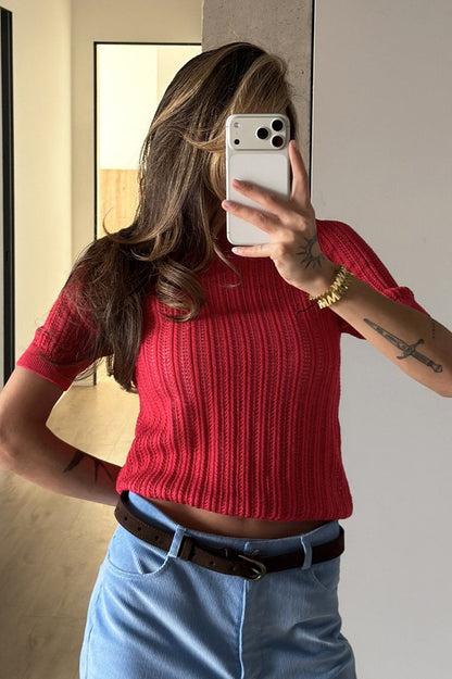 Kurzarm Pullover Mit Lochstrick Rundhalsausschnitt