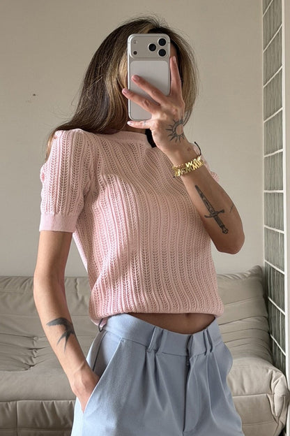 Kurzarm Pullover Mit Lochstrick Rundhalsausschnitt