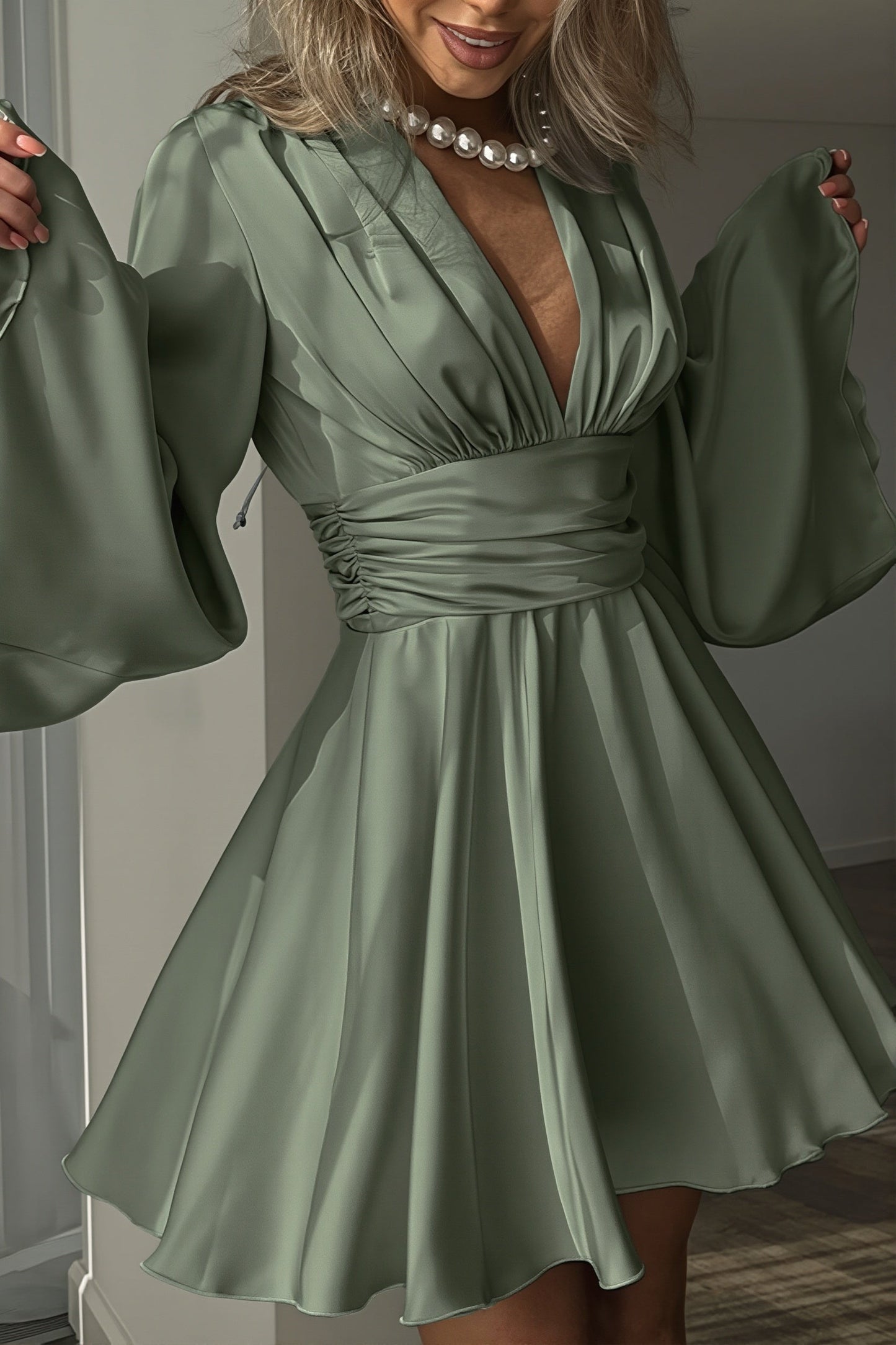 Damen Minikleid im Satinlook mit Volants und V-Ausschnitt aus seitlicher Perspektive