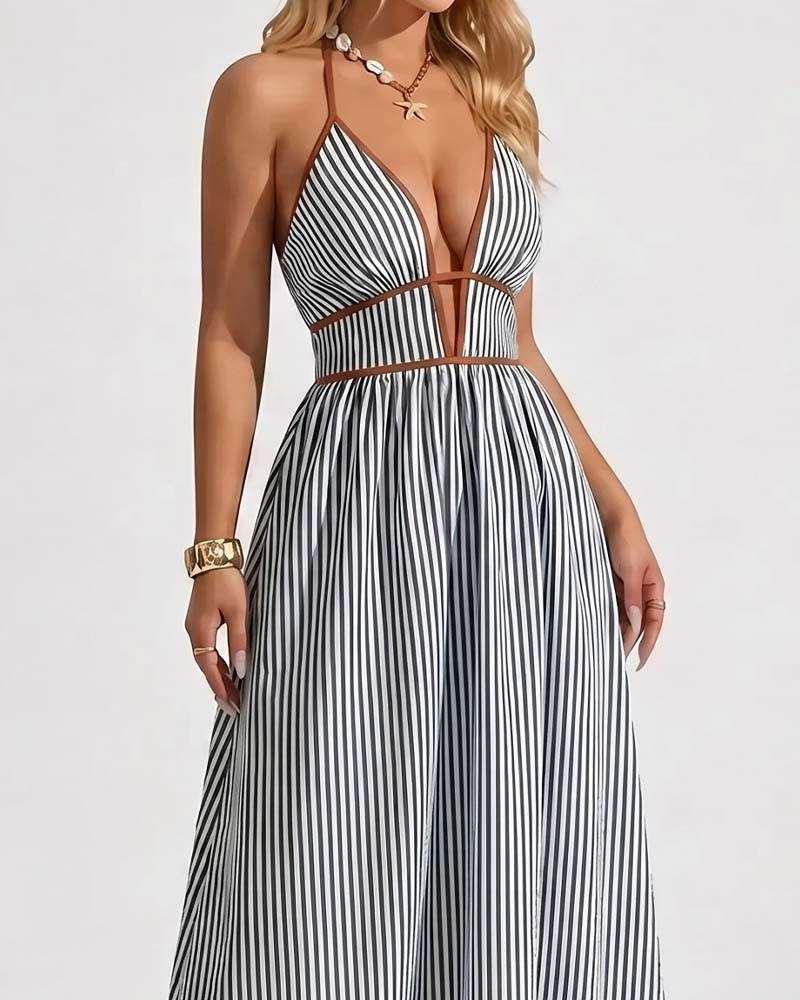 Rückansicht vom Damen Maxikleid mit Spaghettiträgern und Streifenprint