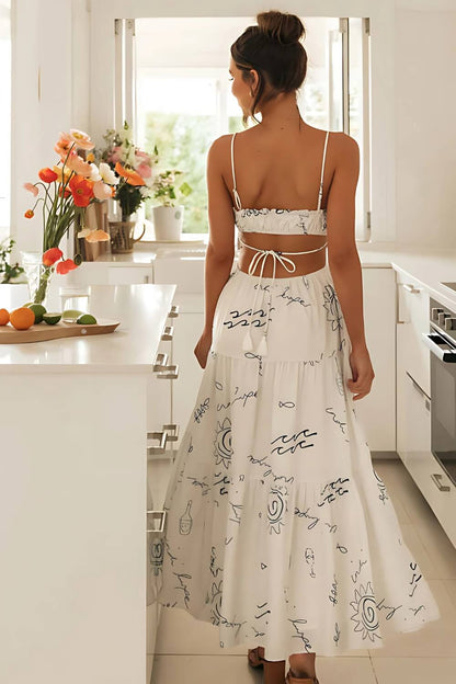 Bedrucktes Midi-Kleid aus Polyester mit Spaghettiträgern in Weiß
