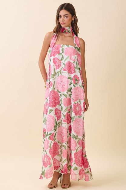 Damen Maxikleid Mit Blumenmuster Und Neckholder Rosé