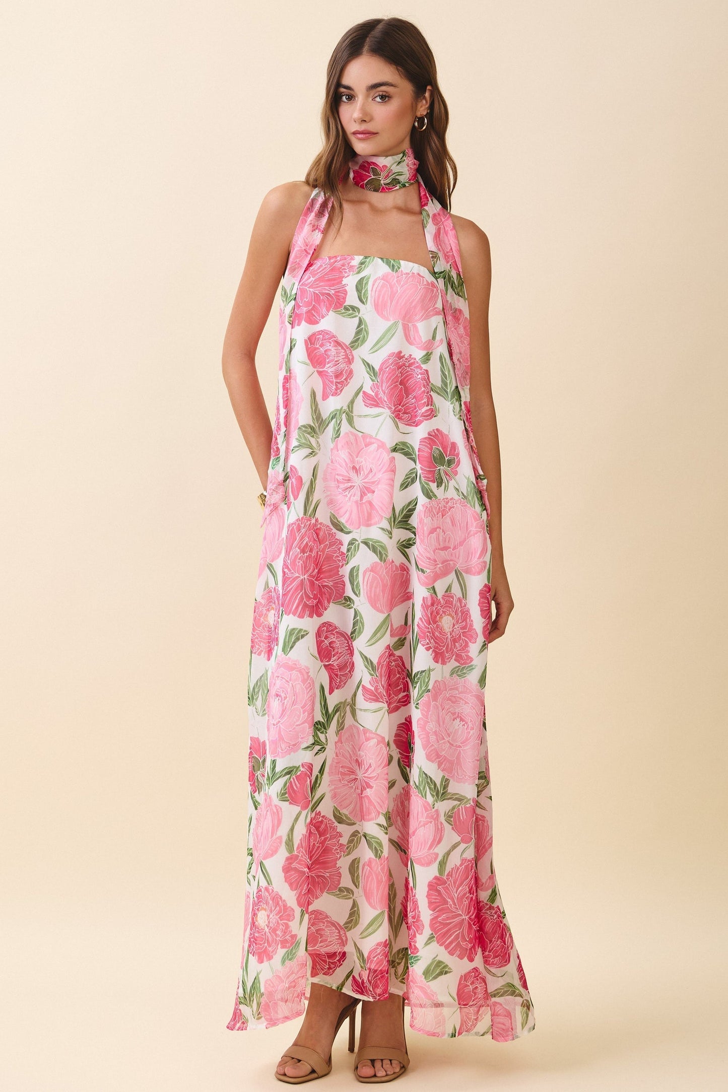 Damen Maxikleid in Rosé mit Blumenmuster und Neckholder in voller Länge