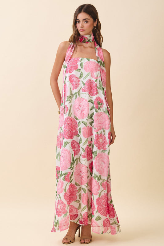 Damen Maxikleid in Rosé mit Blumenmuster und Neckholder in voller Länge