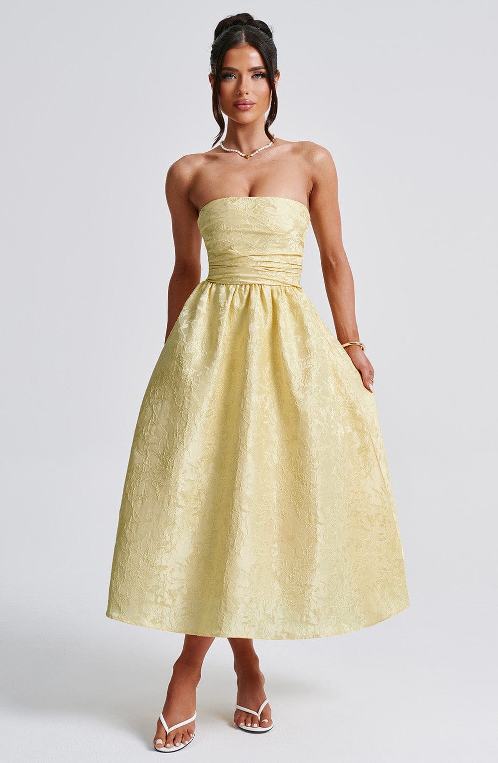Floral Jacquard Trägerloses Midi-Kleid Zitrone