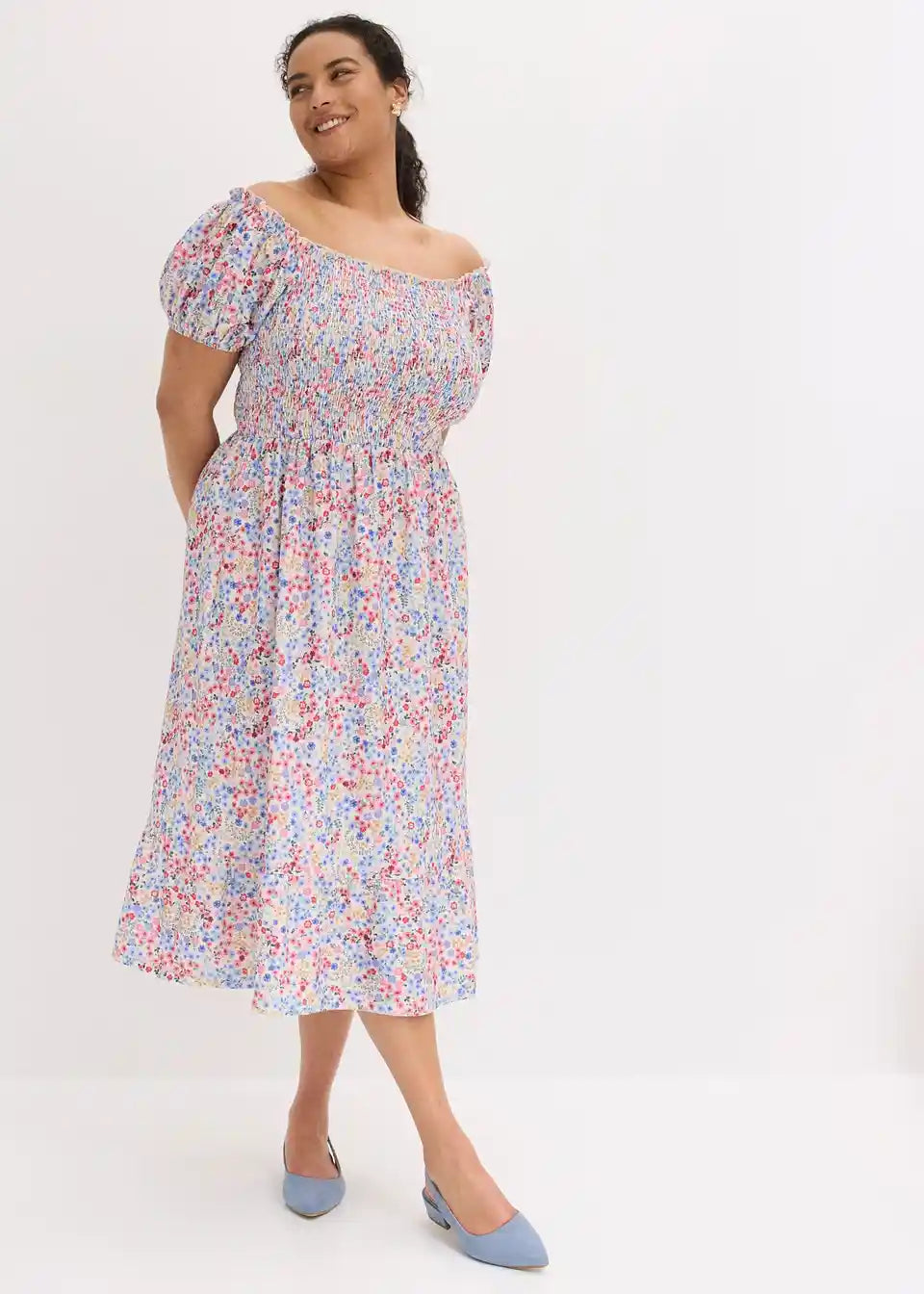 Locker geschnittenes Off-Shoulder Midikleid mit Blumenprint für Damen