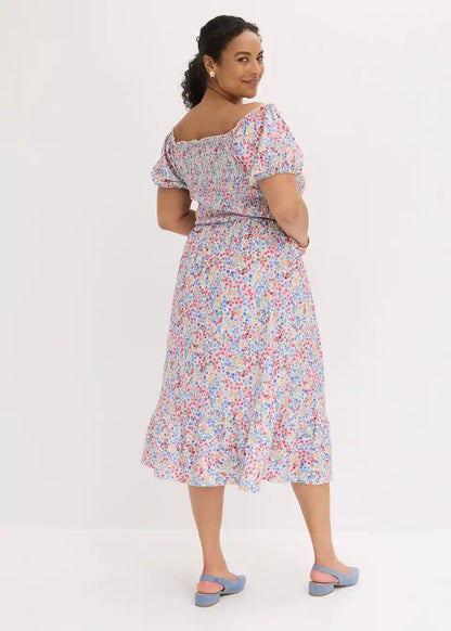 Damen Sommerkleid als Midikleid mit schulterfreiem Ausschnitt
