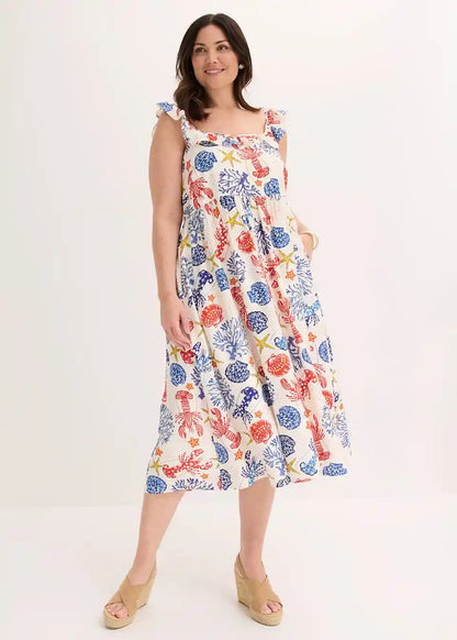 Damen Maxikleid mit fließendem Fall und verspieltem Meerestier-Design
