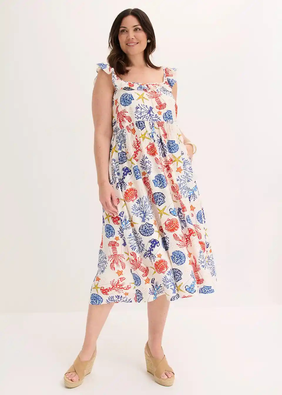 Langes Sommerkleid für Damen mit Meerestier-Muster und Rüschen-Trägern