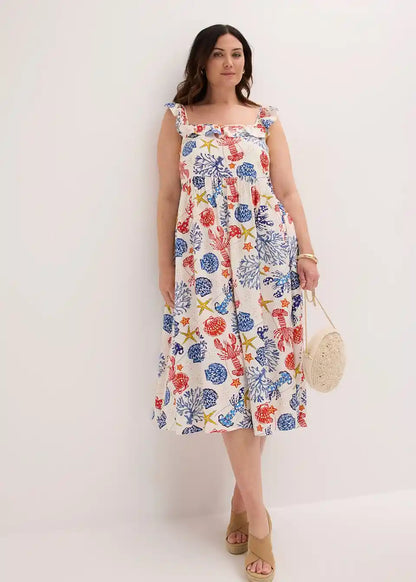 Damenkleid mit Rüschen-Trägern und maritimem Meerestier-Muster
