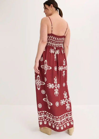 Maxikleid im Boho-Look mit Spaghettiträgern in seitlicher Ansicht