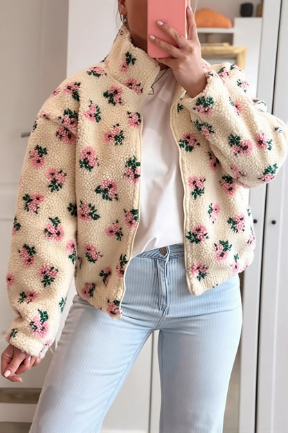 Kuschelige Sherpa-Fleecejacke für Damen mit Blumenmuster