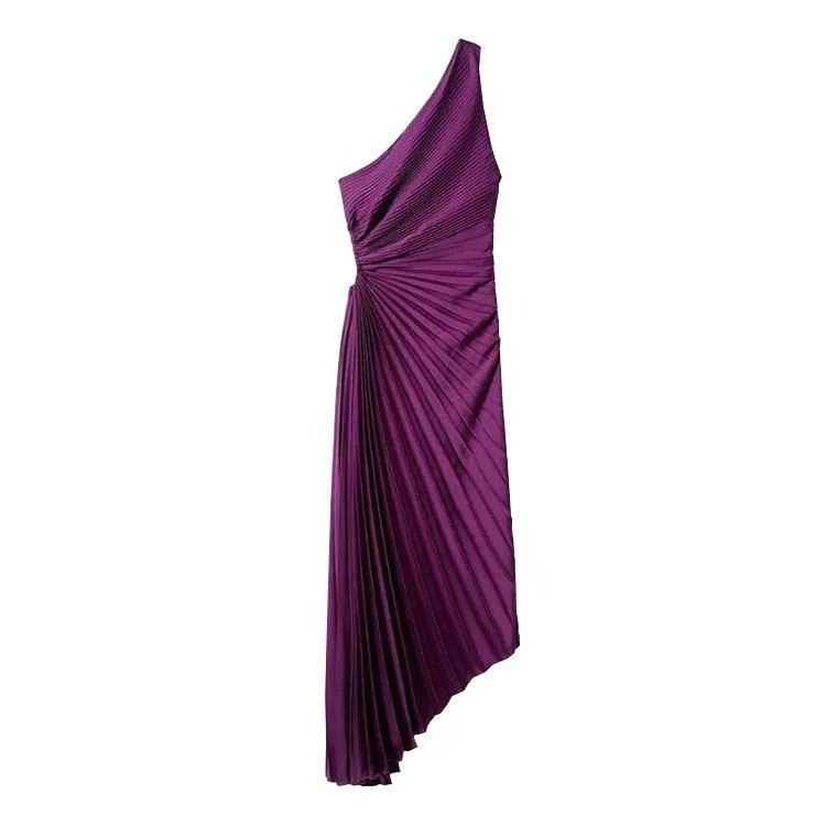 Ein-Schulter Faltenrock Poly Georgette Midi Kleid