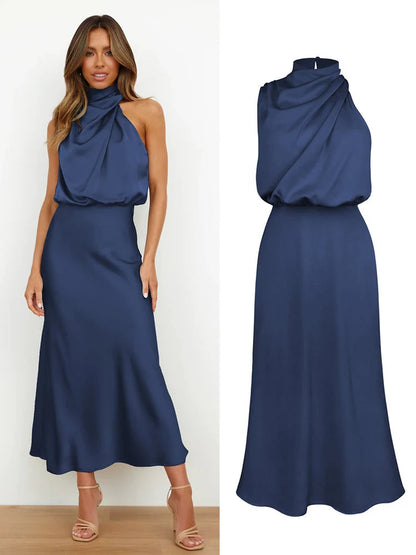 Damen Satin Midi Kleid mit asymmetrischem Ausschnitt
