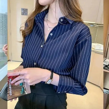 Damen Locker Geschnittenes Gestreiftes Langarmshirt Blau Weiß