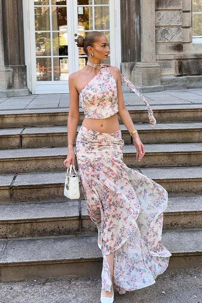 Ärmelloser Damen Zweiteiler mit floralem Muster in Hellrosa und Lila