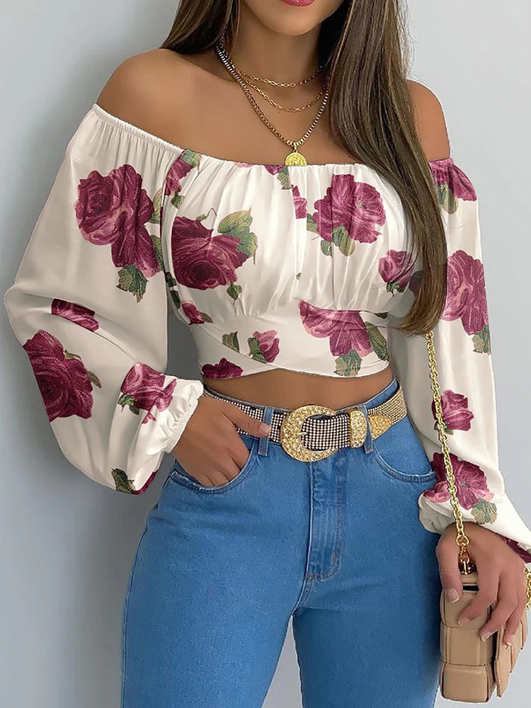 Damen Schulterfreie Kurzbluse mit Ballonärmeln