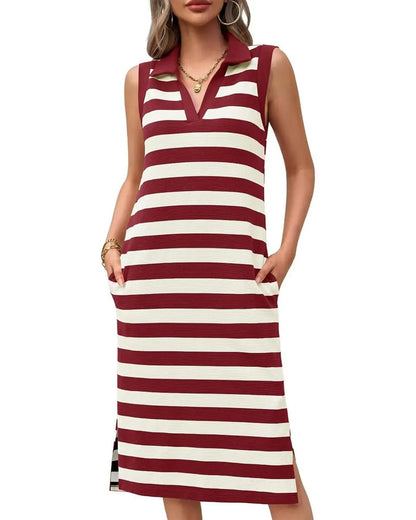Gestreiftes Midikleid für Damen mit Polokragen in Ganzkörperansicht