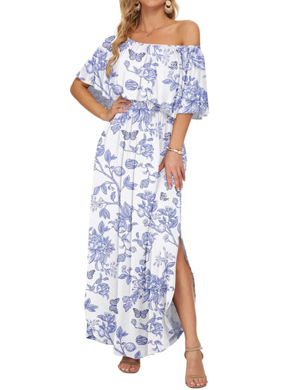 Damen Sommer Maxikleid mit floralem Off-Shoulder-Design