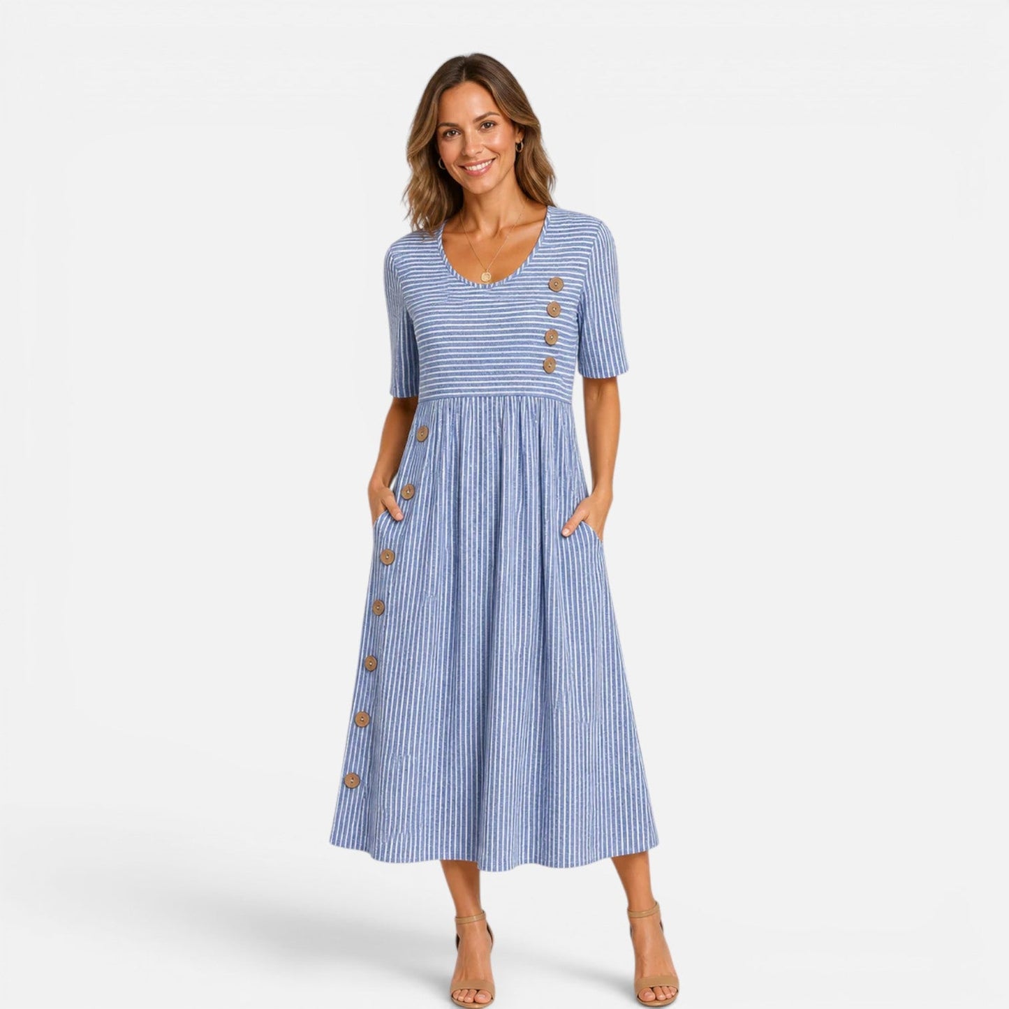 Gestreiftes Midikleid für Damen mit Knopfdetails und Taschen