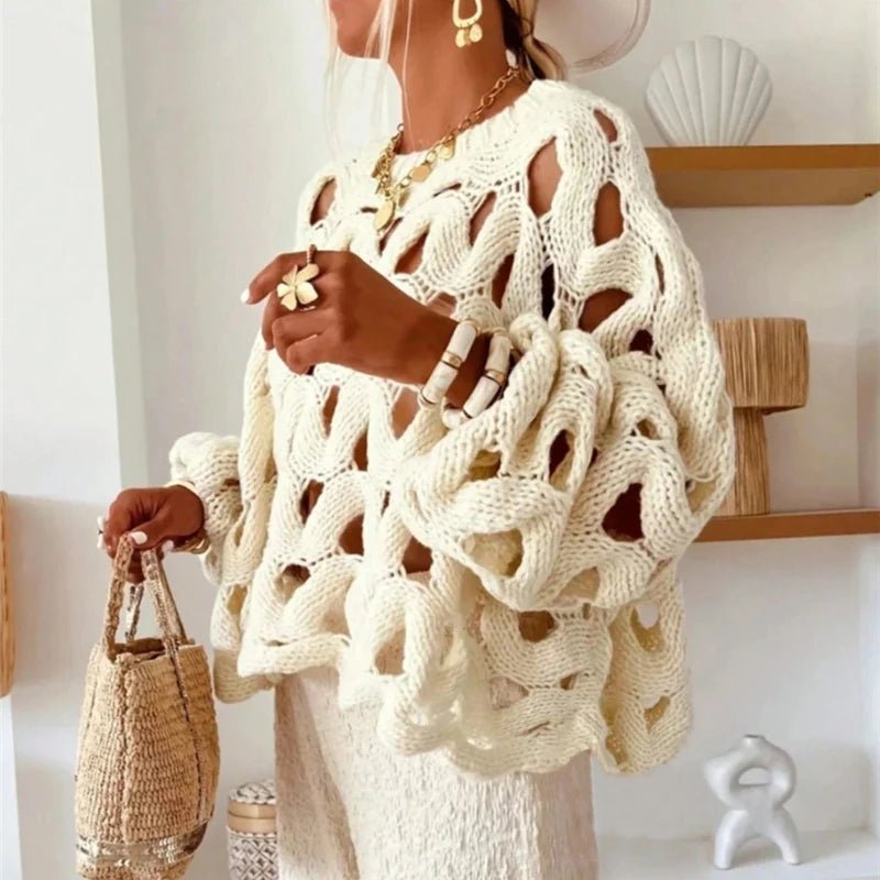 Langärmliger gehäkelter Strickpullover