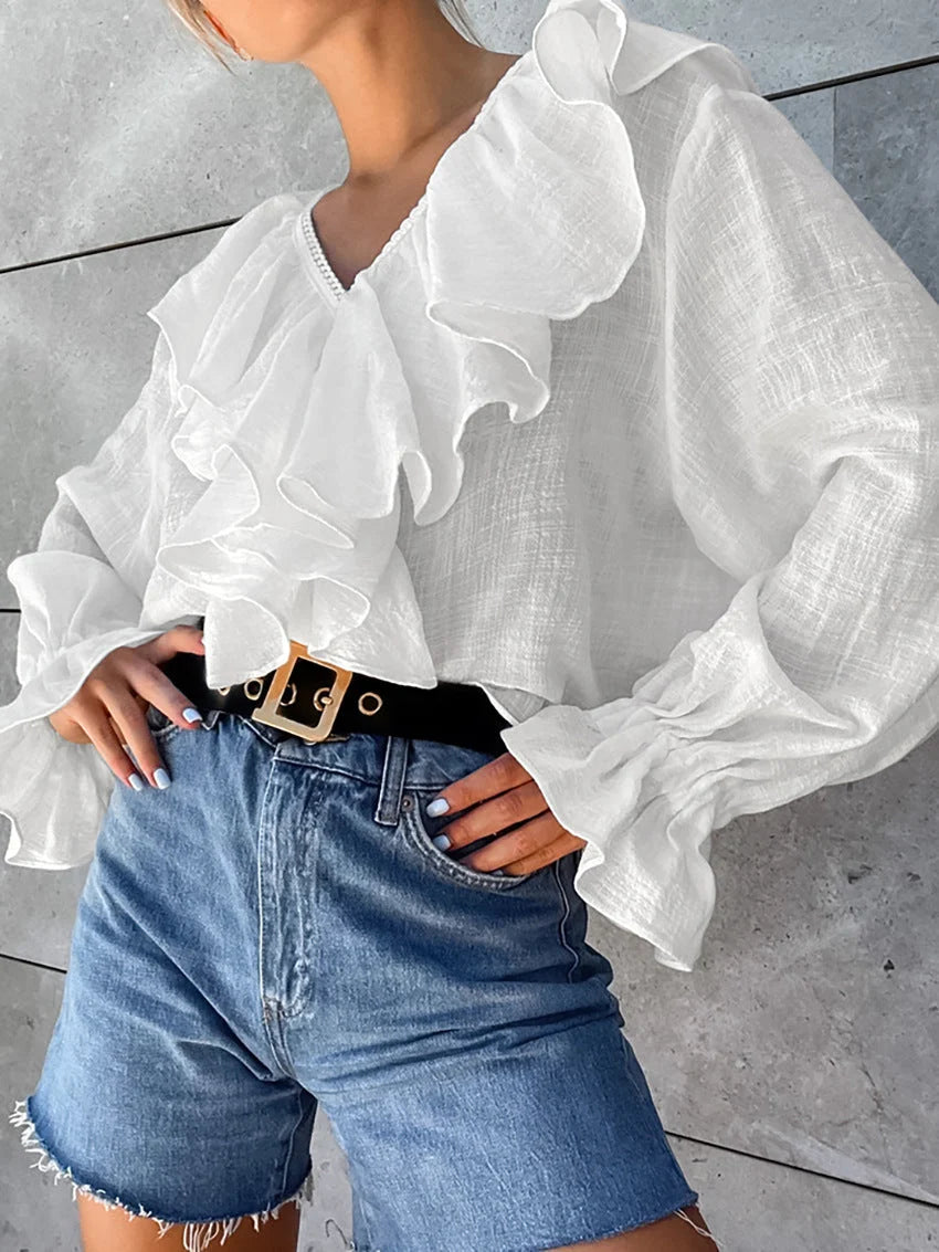 Baumwollbluse mit Rüschen und Raglanärmeln Weiß