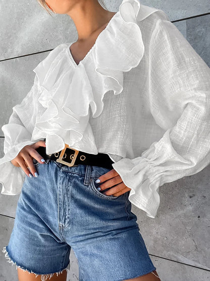 Baumwollbluse mit Rüschen und Raglanärmeln Weiß