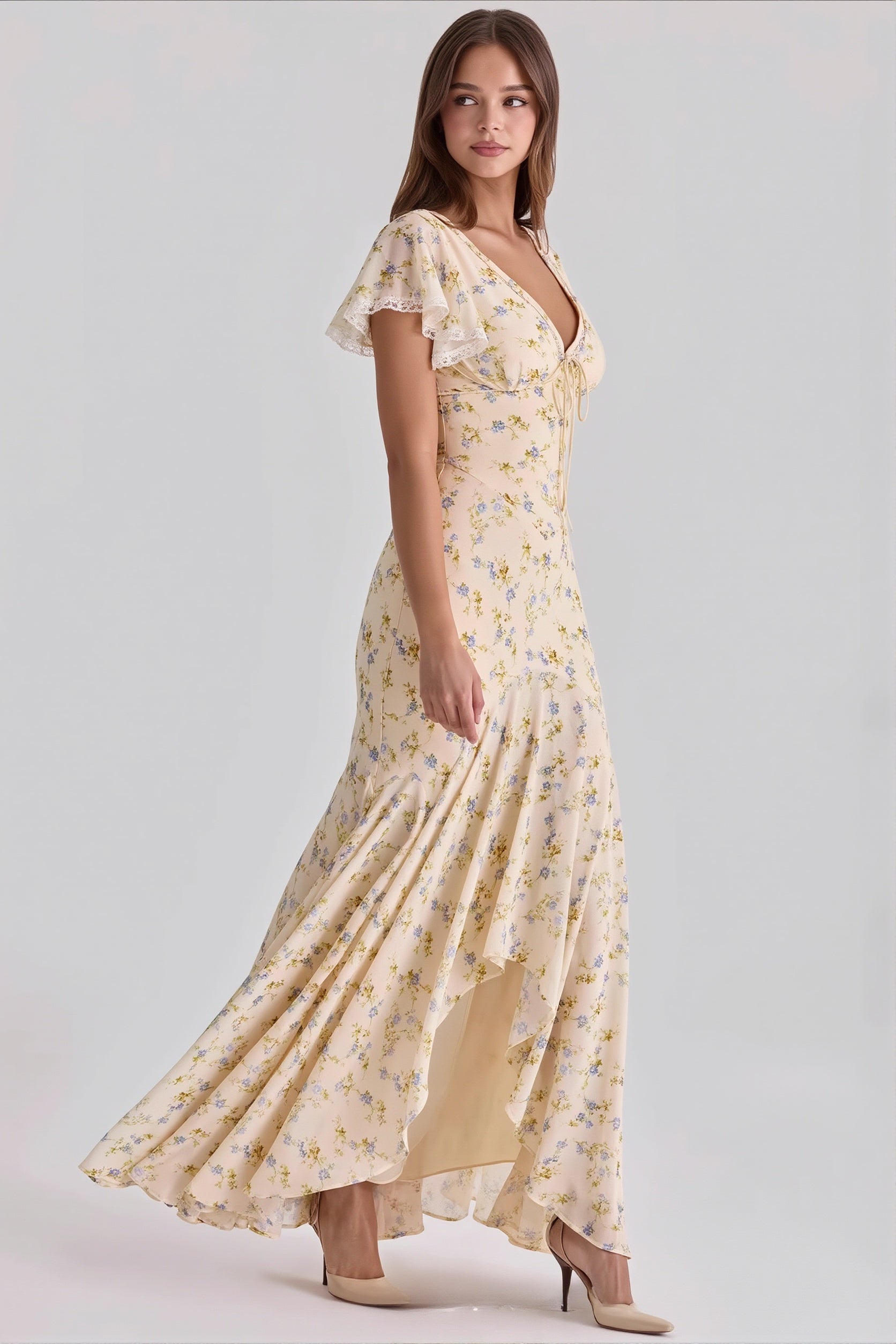 Figurbetontes Damen-Maxikleid mit Blumenprint