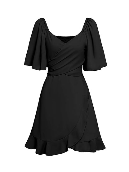 Verspieltes Rüschen-Minikleid mit gebundener Taille und ausgestellten Ärmeln