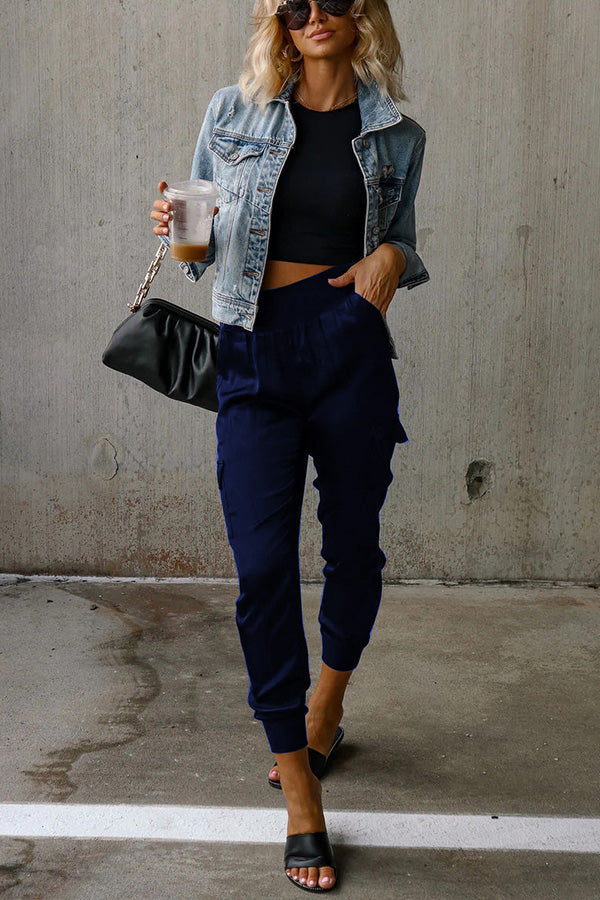 Satin-Jogginghose mit hoher Taille und Taschen