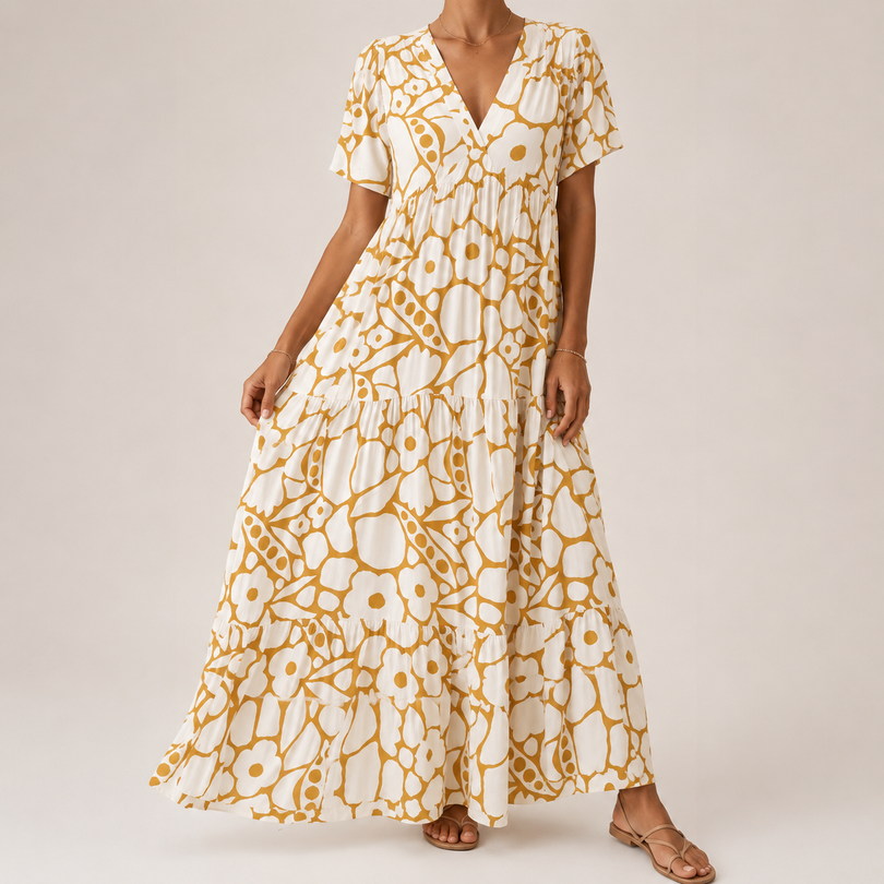 Atmungsaktives Maxikleid mit Blumenmuster und Stufenrock