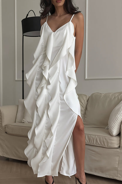 Damen-Maxikleid mit Volantsaum und V-Ausschnitt in voller Ansicht