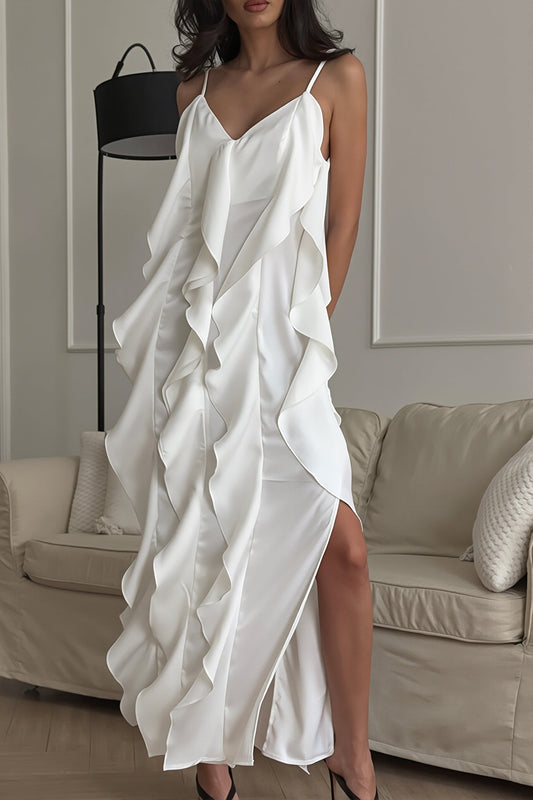 Damen-Maxikleid mit Volantsaum und V-Ausschnitt in voller Ansicht