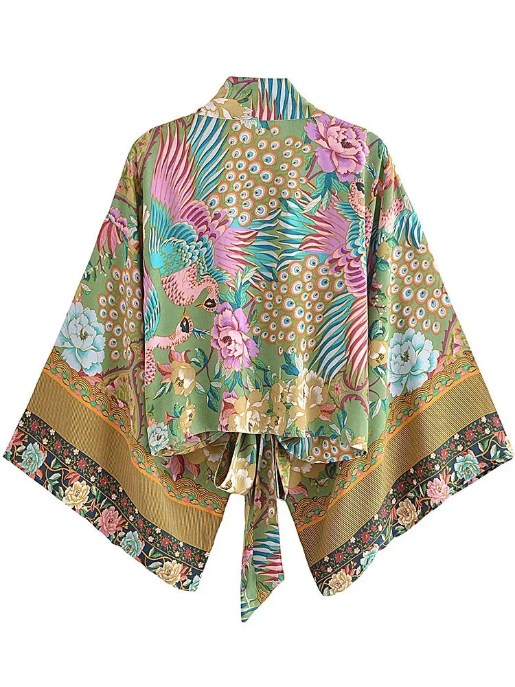 Damen Kurz Rayon Blumiger Kimono Strandüberwurf