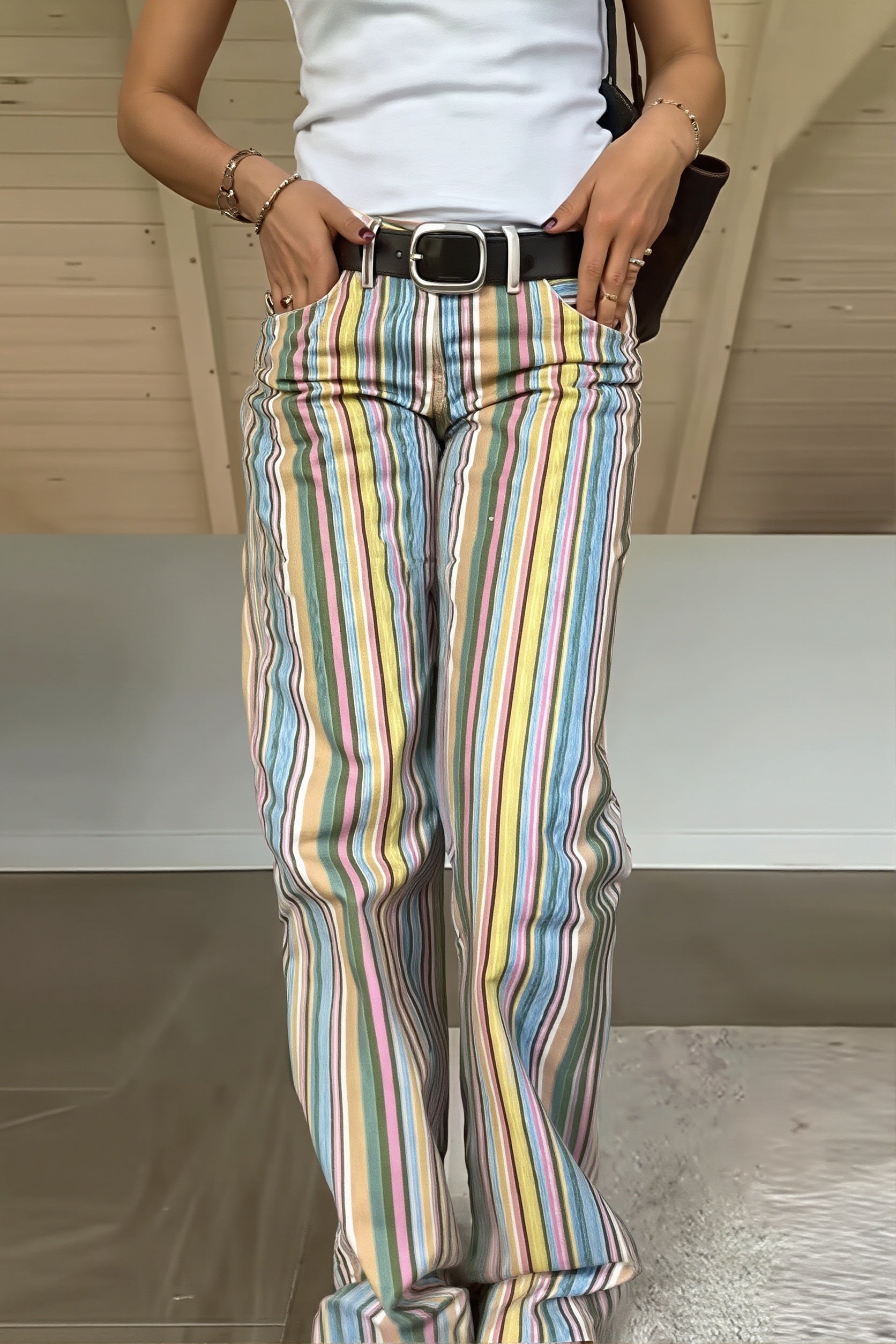 Damen Straight Leg Jeans im Colorblock-Design mit Streifen und niedriger Taille