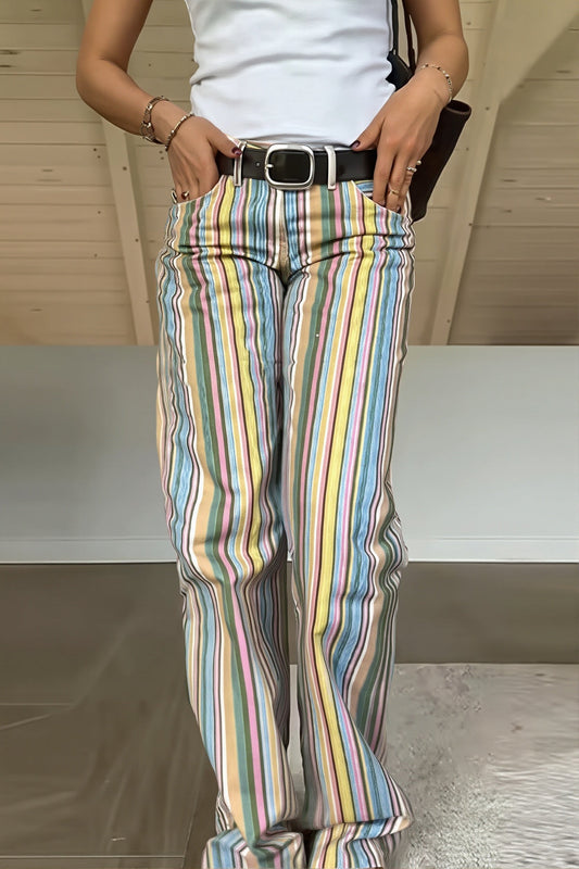 Damen Straight Leg Jeans im Colorblock-Design mit Streifen und niedriger Taille