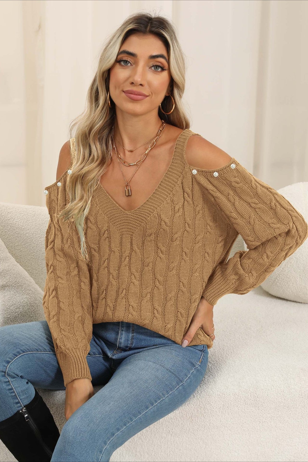 Damen Pullover Off Shoulder Mit V Ausschnitt