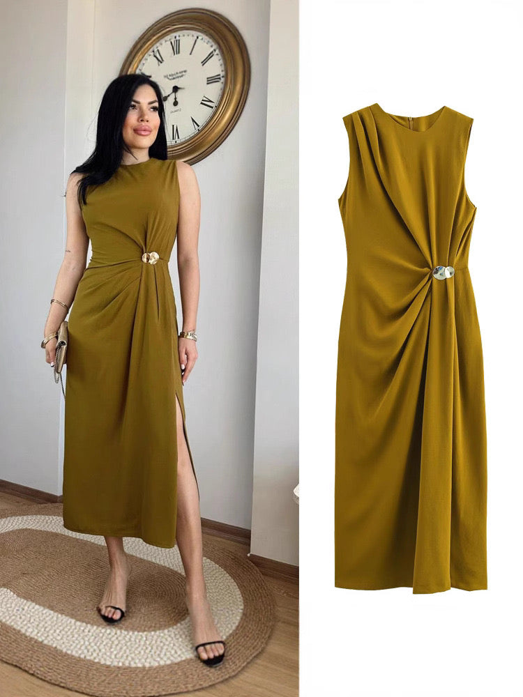 Ärmelloses Maxikleid aus Poly-Mischgewebe mit Schlitz in Oliv