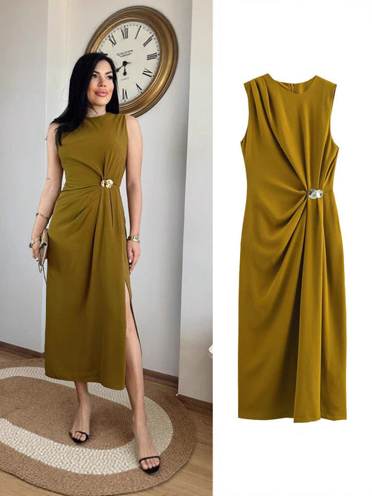 Ärmelloses Maxikleid aus Poly-Mischgewebe mit Schlitz in Oliv