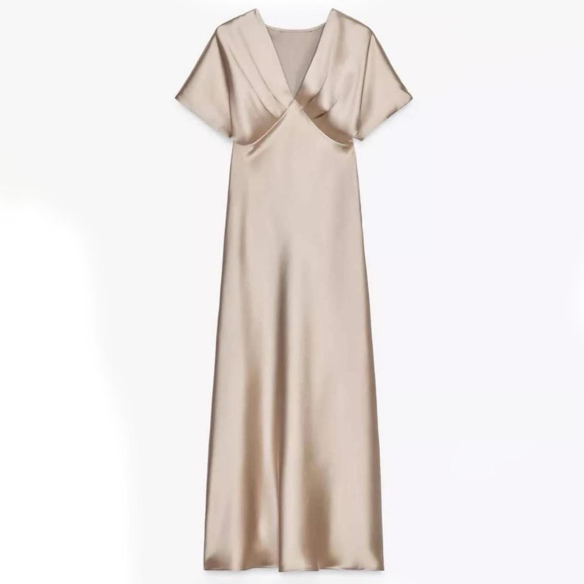 Satin Midikleid Beige mit halben Ärmeln
