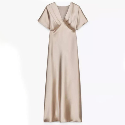 Satin Midikleid Beige mit halben Ärmeln