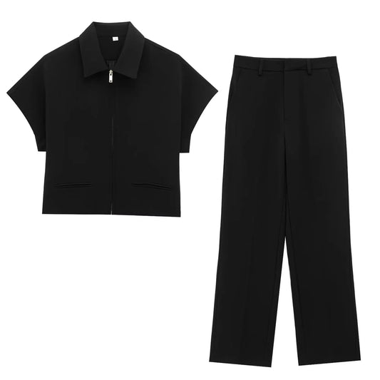 Damen Slim Revers Reißverschluss Kurzarm Mantel Set Schwarz