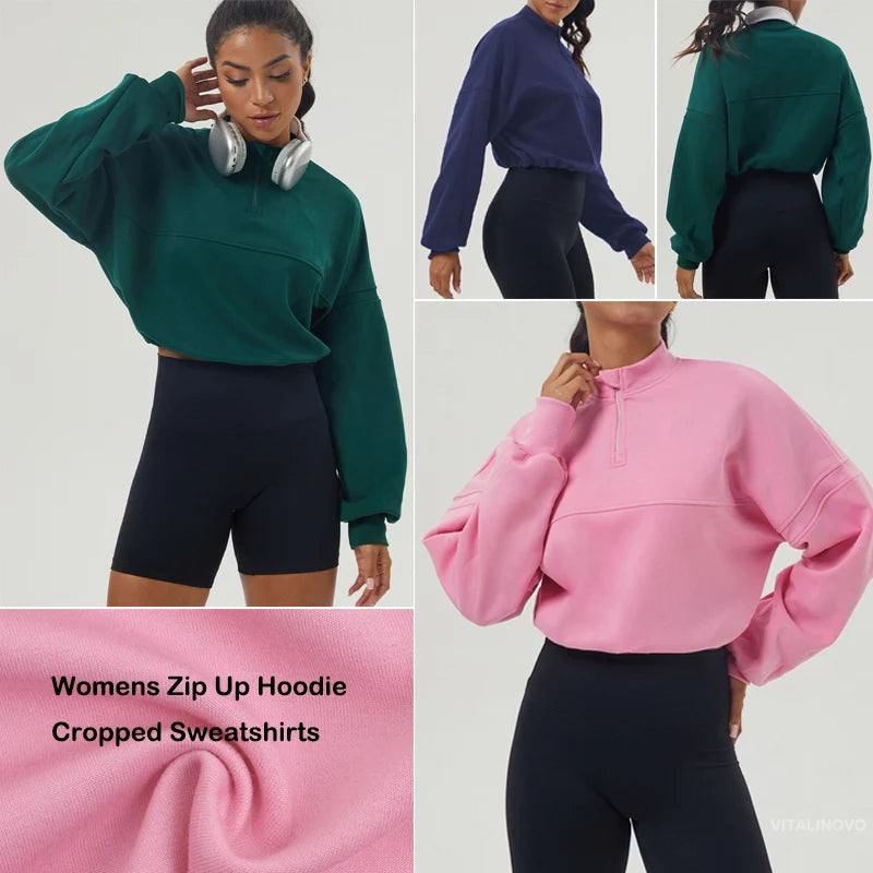 Damen Oversized Sweatshirt aus Baumwollmischung mit halbem Reißverschluss