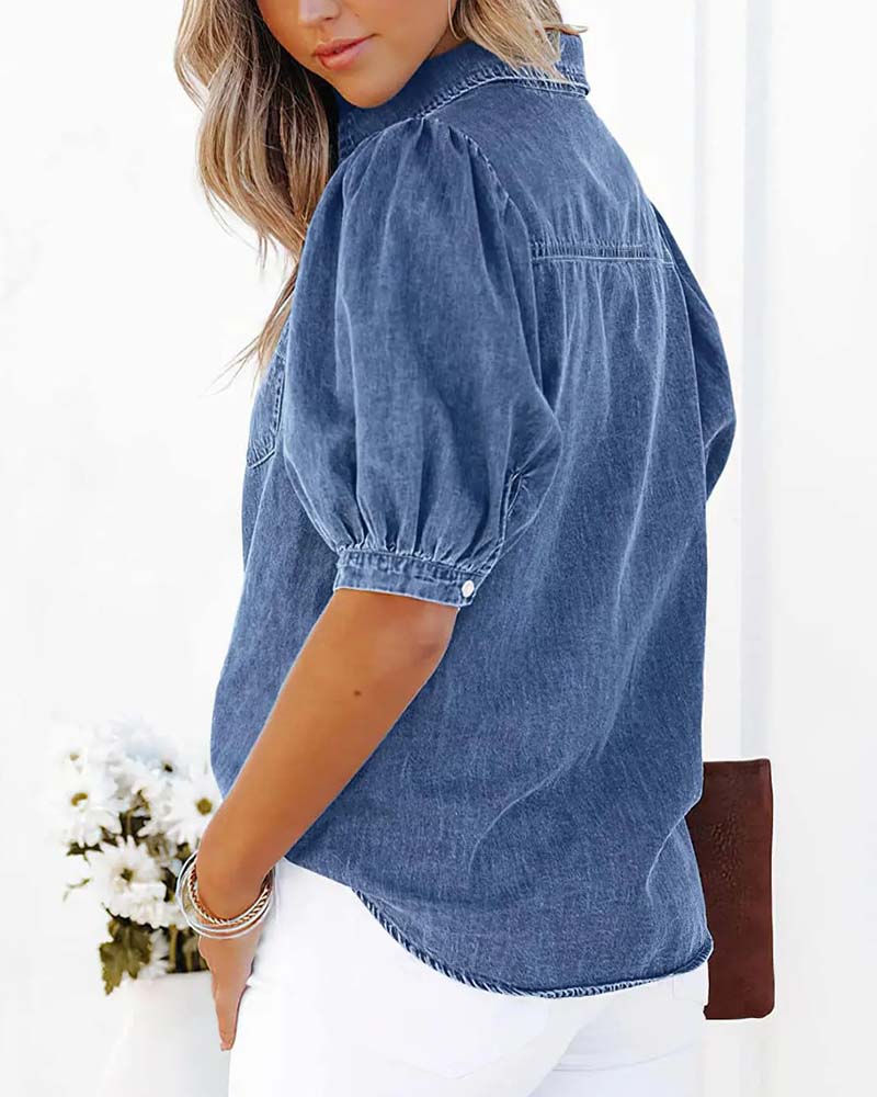 Locker geschnittenes Denimhemd für Damen mit langen Ballonärmeln