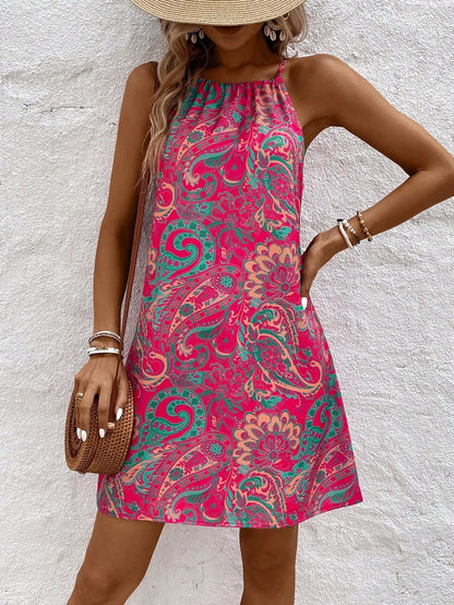 Damen Mini Kleid mit Paisley-Muster, Neckholder, ärmellos, Sommerkleid