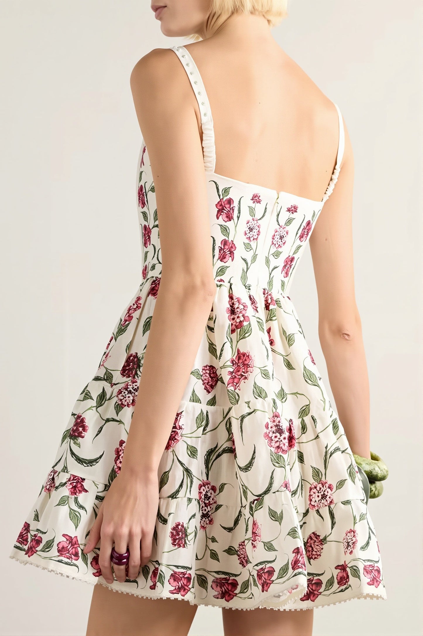 Damen Mini Kleid mit Spitzenbesatz und floralem Muster, Rückansicht